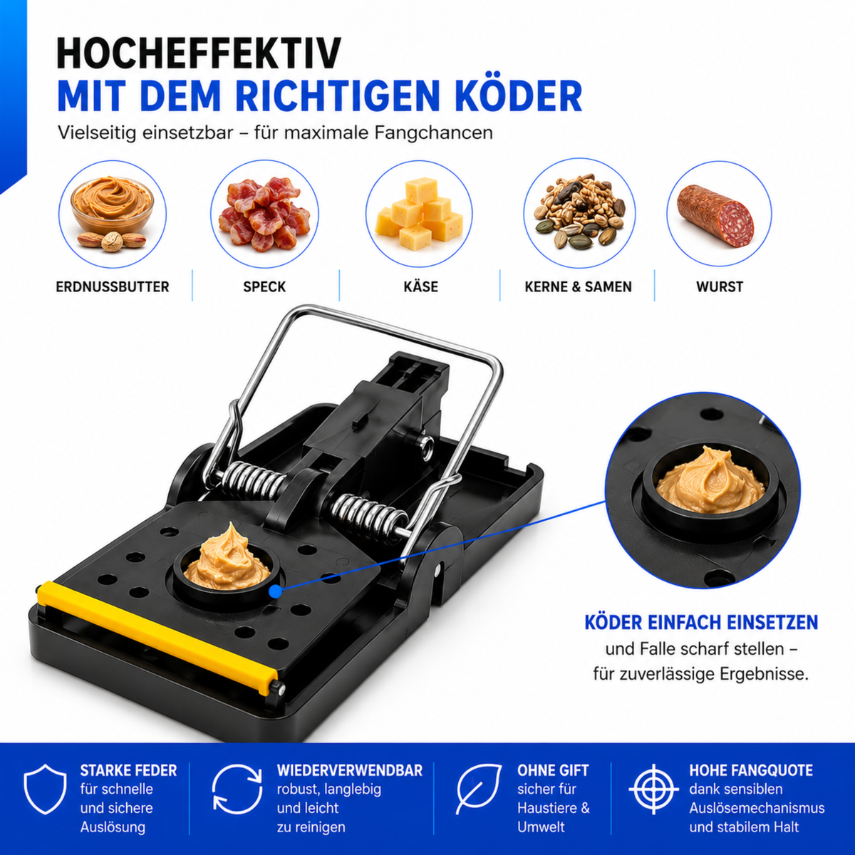 Rattenfalle Schlagfalle 4er Set Schlagfalle für Mäuse oder Ratten, Falle mit Köderfach Nager WELSTA