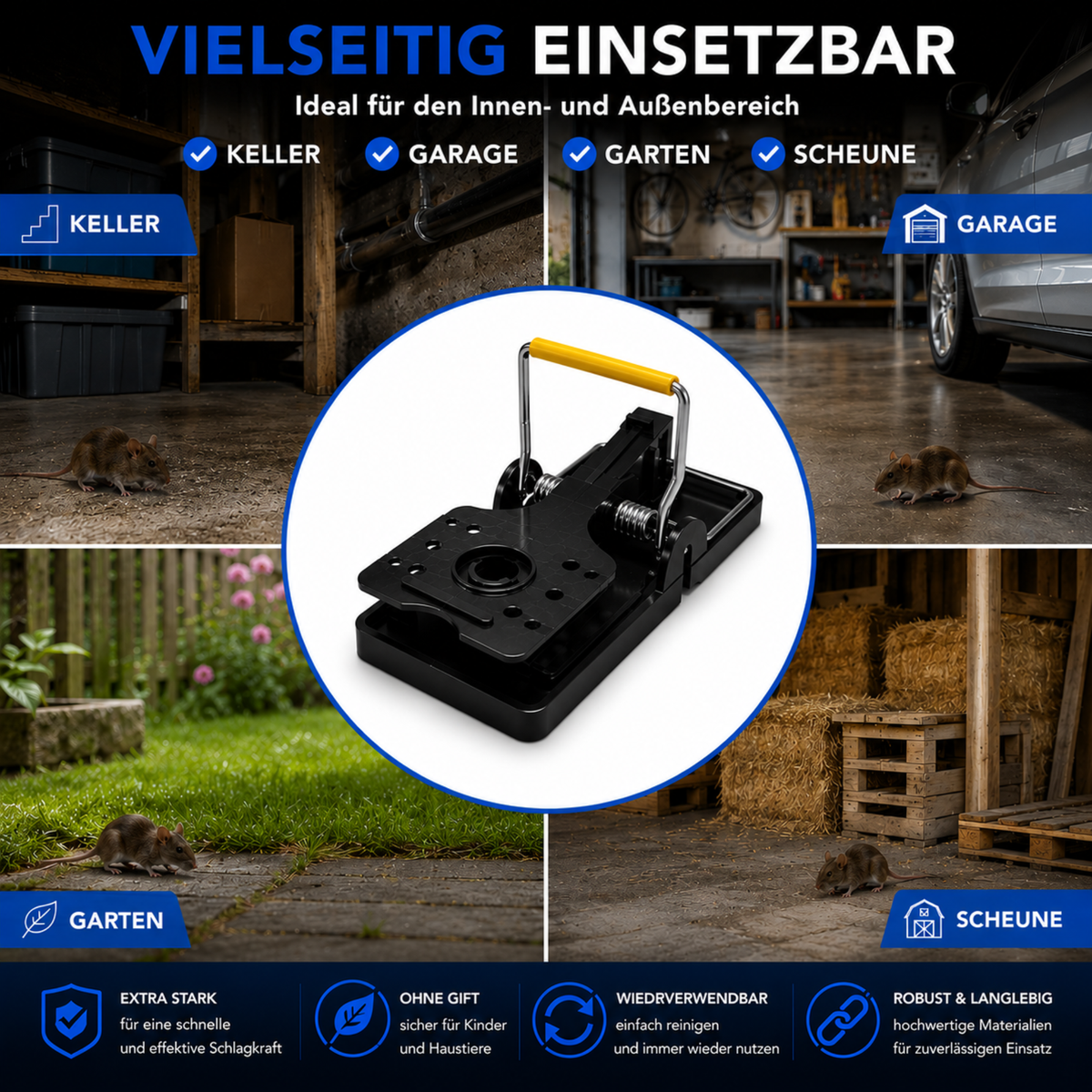 Rattenfalle Schlagfalle 4er Set Schlagfalle für Mäuse oder Ratten, Falle mit Köderfach Nager WELSTA